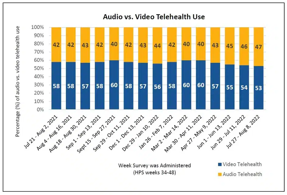 Percentage of Adults Who Used Audio-only vs. Video Telehealth Services, July 21, 2021 – August 8, 2022