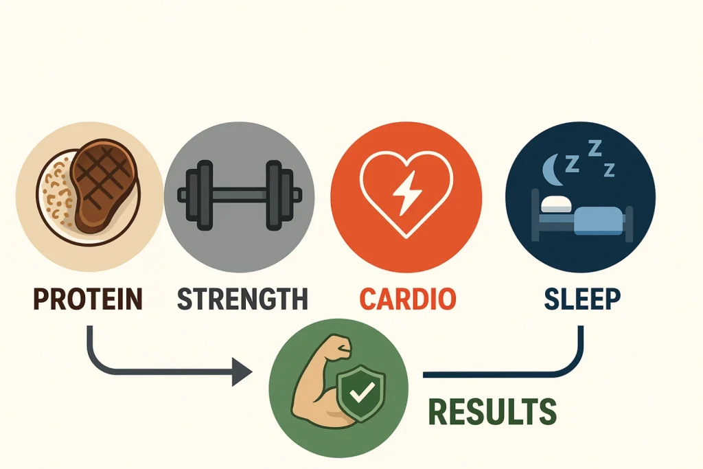 Four lifestyle pillars—protein, strength, cardio, sleep—work together to transform testosterone therapy into lasting results.