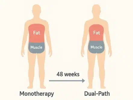 Before-and-after silhouette shows how dual-path therapy trims fat while safeguarding muscle over 48 weeks.