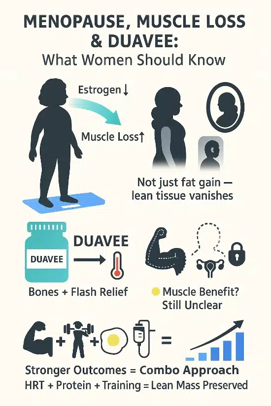 Estrogen loss during menopause accelerates muscle decline. Duavee supports bones and hot flash relief, but lean mass requires more—training, protein, and synergy.