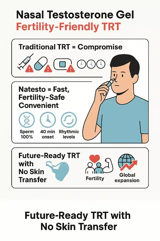 Nasal testosterone therapy (Natesto) offers fast-acting, fertility-preserving TRT with no skin transfer risk and high patient convenience.