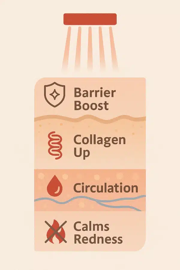 A simplified visual showing how red light therapy interacts with different layers of the skin—supporting barrier function, stimulating collagen, enhancing circulation, and calming inflammation.